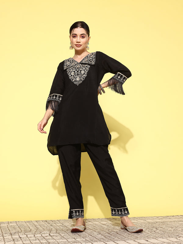 Black Embroidered Shirt And Trouser Co Ords