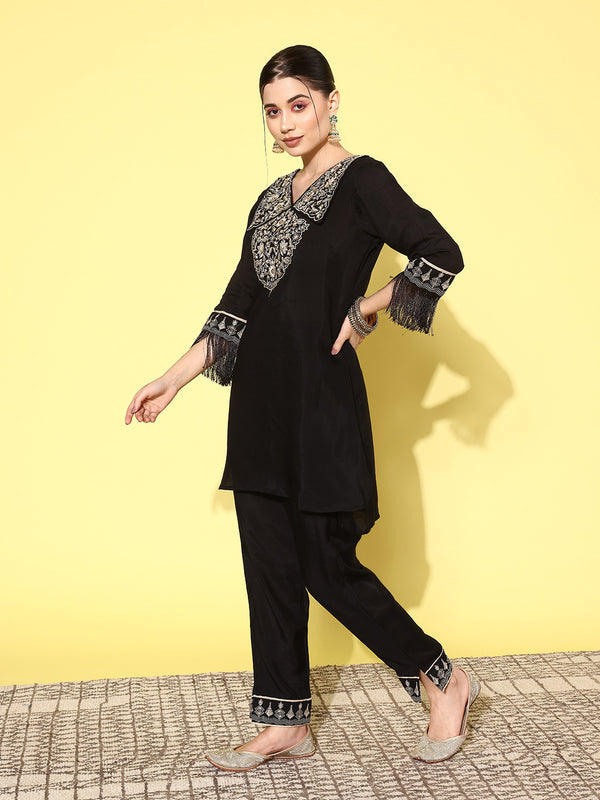Black Embroidered Shirt And Trouser Co Ords