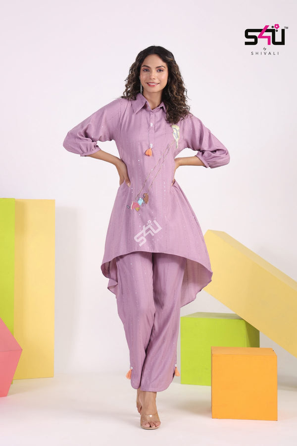 Lilac Embroidered High Low Kurti with Pant Set