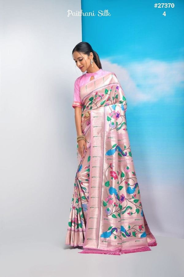 Baby Pink Banarasi Soft Silk Full Weaving Paithani Saree With Fancy Meena & Heavy Zari Weaves