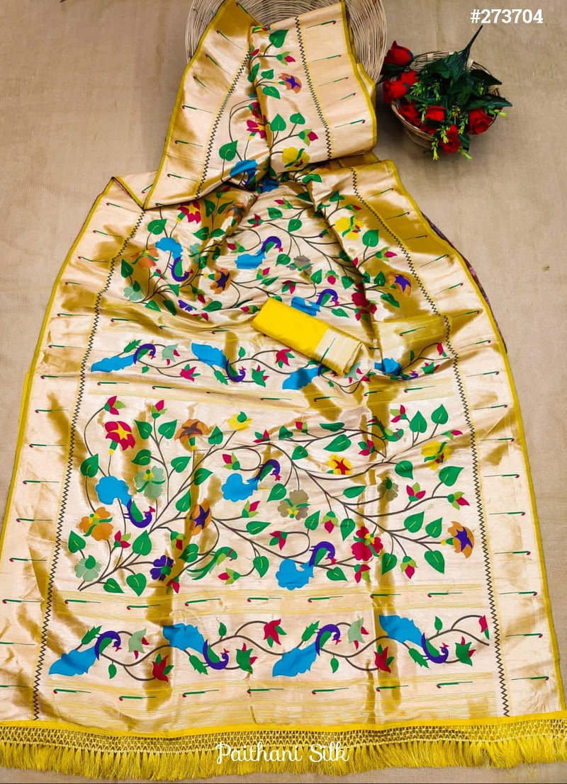 Yellow Banarasi Soft Silk Full Weaving Paithani Saree With Fancy Meena & Heavy Zari Weaves