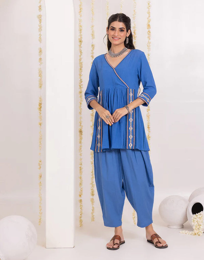 Blue Festive Wear Short Flared Kurta with Afghani Pants