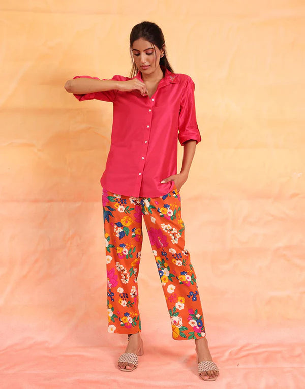 Hot Pink Embroidered Top With Pant
