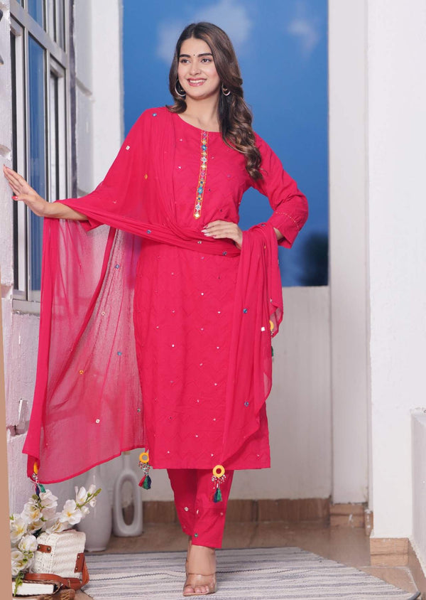 Red Embroidery Mirror Work Kurta With Pants