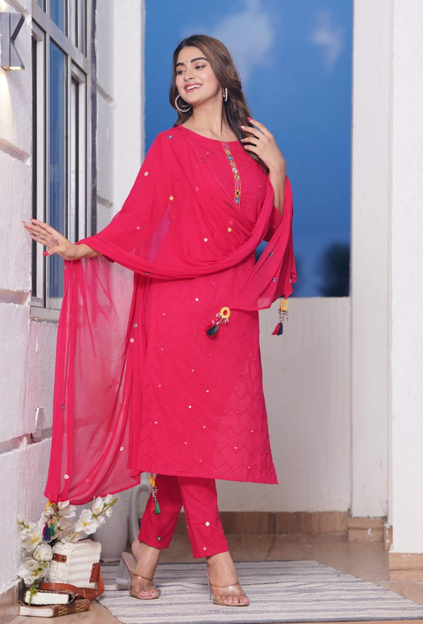 Red Embroidery Mirror Work Kurta With Pants