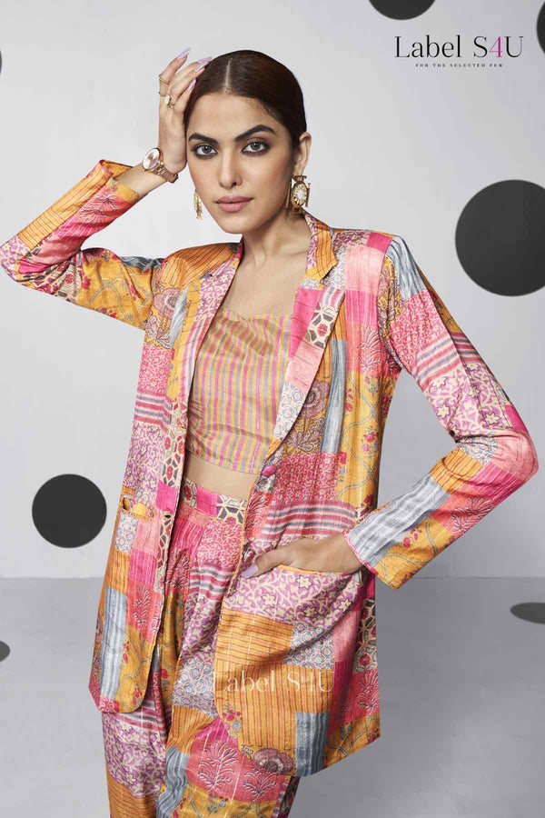 Yellow and Pink Quirky Printed Blazer Classy co-ord set