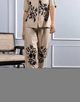 Tan Half-Sleeve Shirt With Embrodery Pant and Two pockets