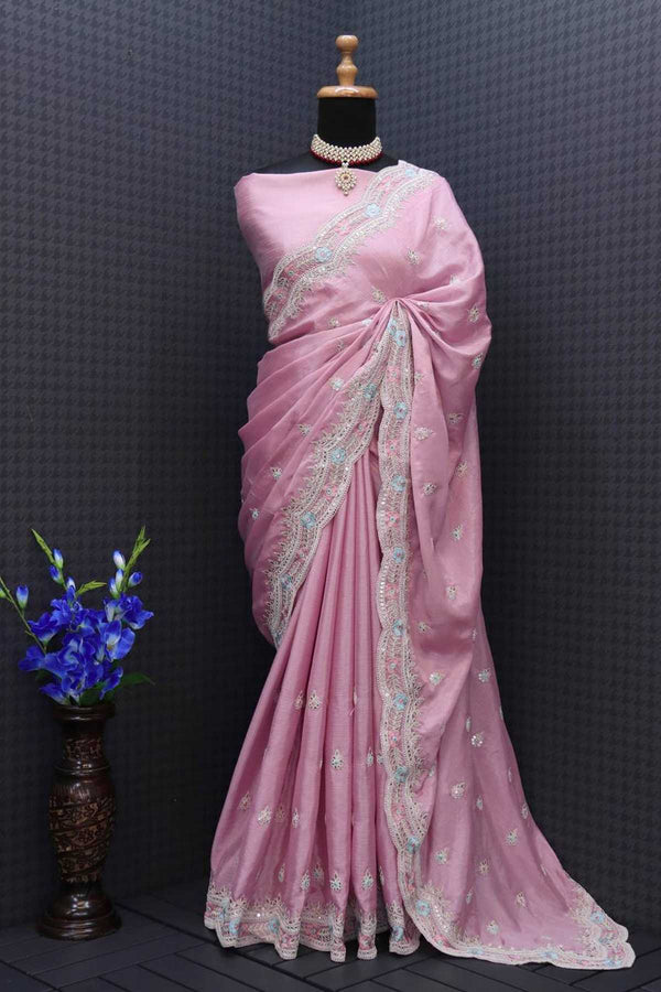 Pink Chinon Silk Saree
