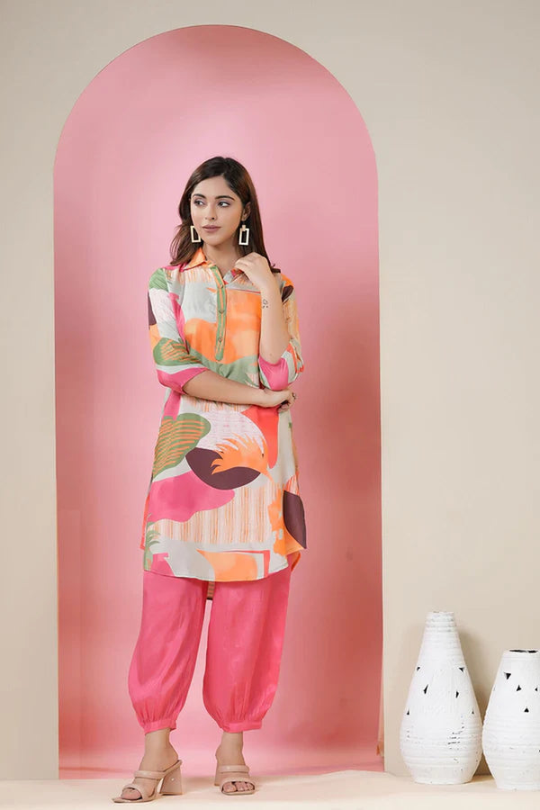 Pink muslin Cotton Printed kurta With trouser