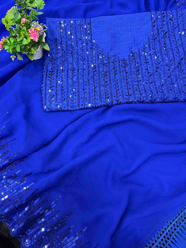 BEAUTIFUL ROYAL BLUE  SAREE WITH SEQUENCE WORK
