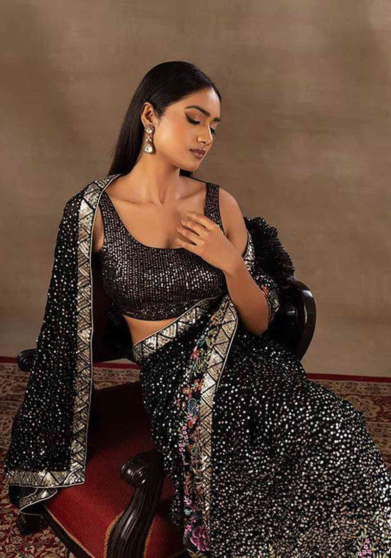 Black Dual Sequience with multi colour embroidery work Saree