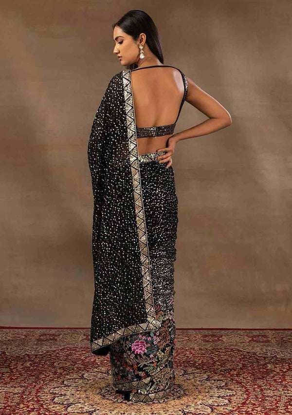 Black Dual Sequience with multi colour embroidery work Saree