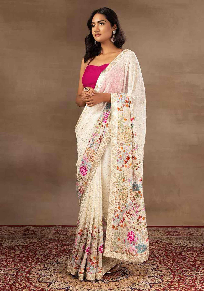 White Dual Sequience with multi colour embroidery work Saree