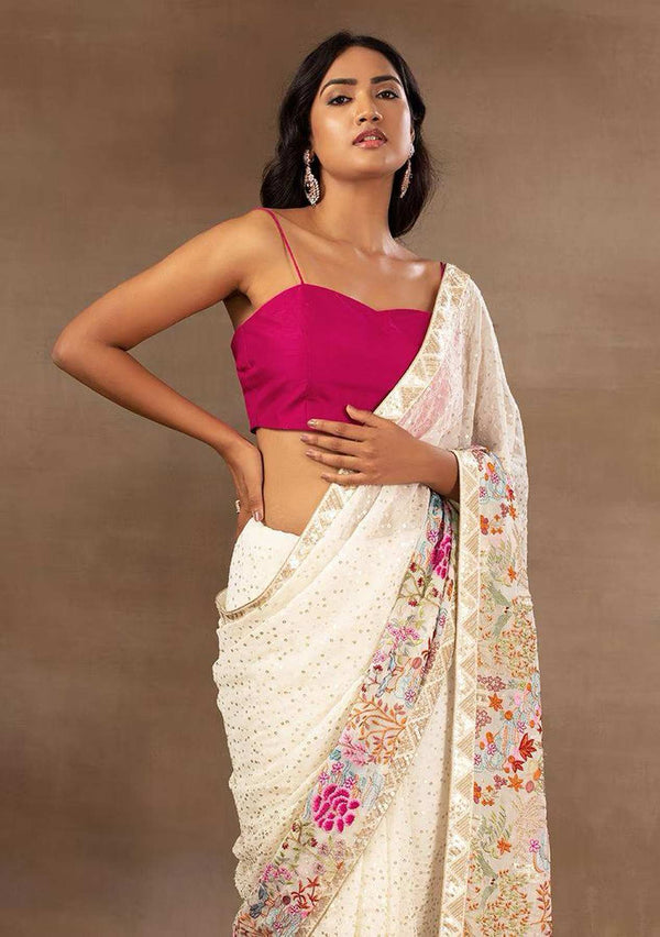 White Dual Sequience with multi colour embroidery work Saree