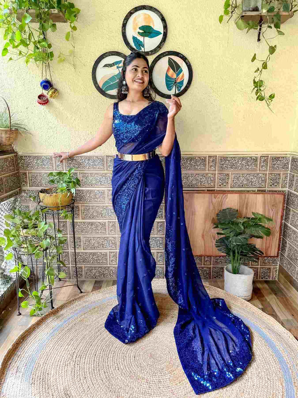 Navy Blue Premium Georgette with Sequence Work