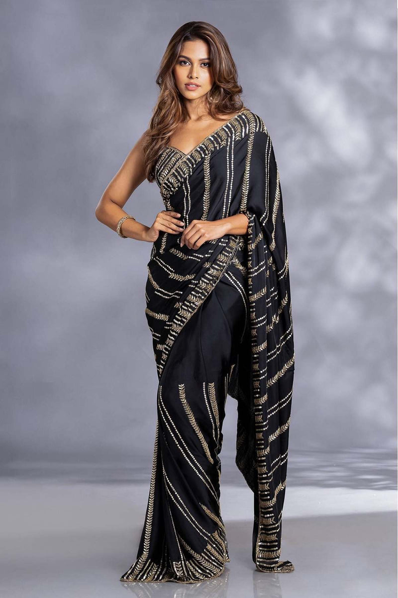 Black C-Pallu Sequence Embroidery Work