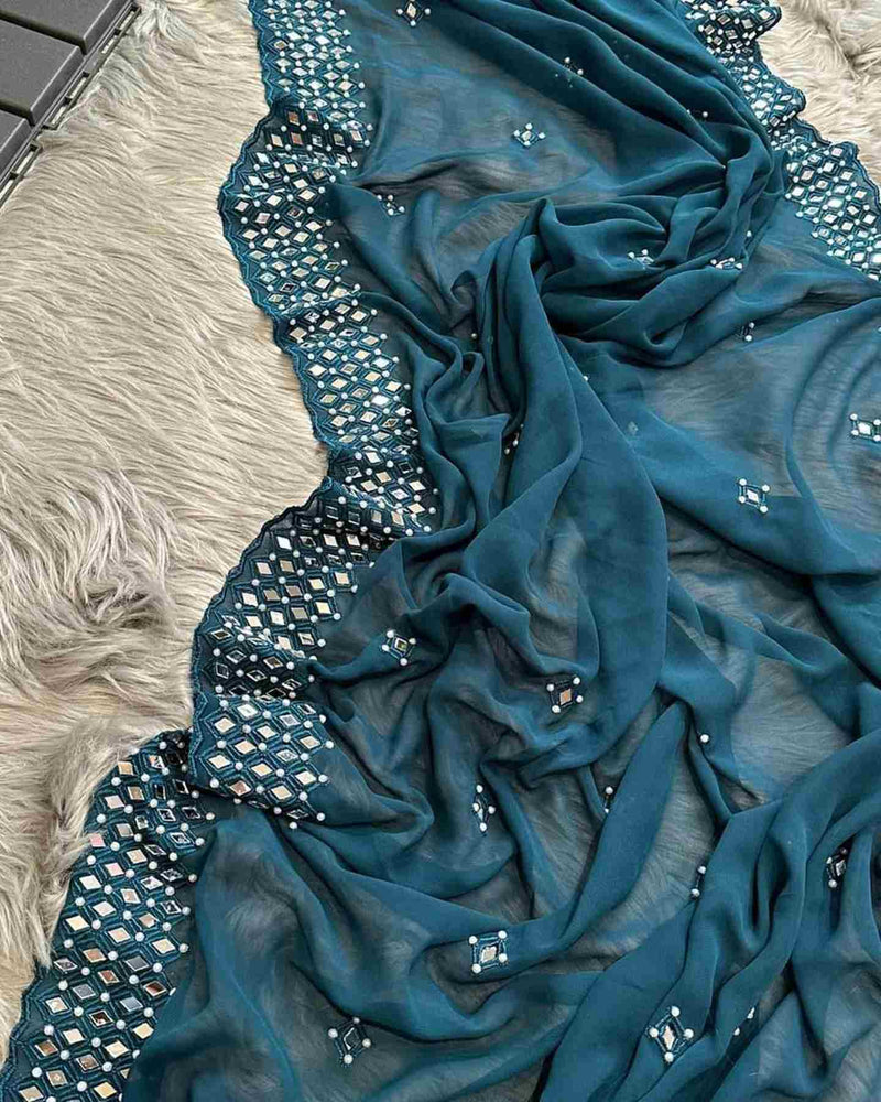 Blue Digital Print Soft Satin Silk inspired Saree