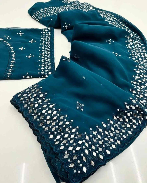 Blue Digital Print Soft Satin Silk inspired Saree