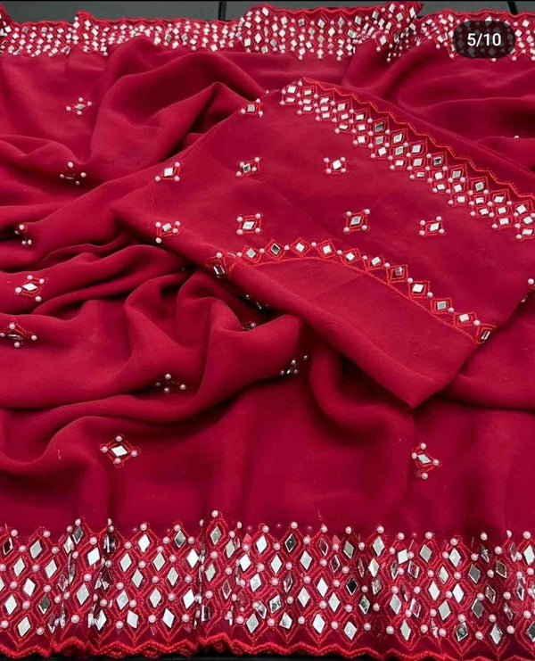 Red Digital Print Soft Satin Silk inspired Saree