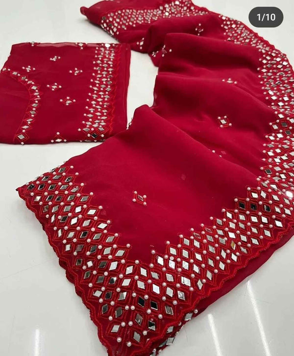 Red Digital Print Soft Satin Silk inspired Saree