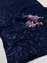 Blue Heavy Soft Shiny Chinnon Silk Fabric Saree