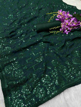 Bottle Green Heavy Soft Shiny Chinnon Silk Fabric Saree