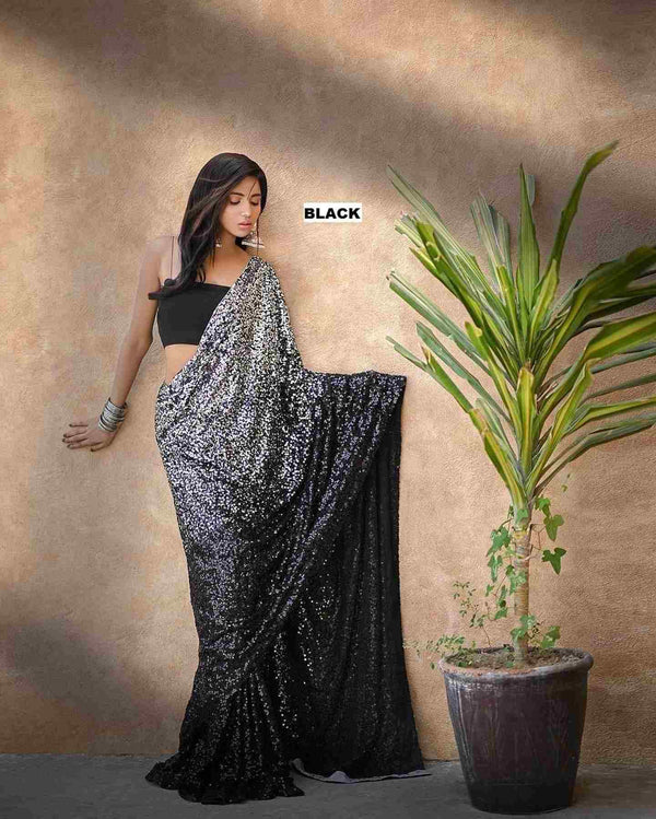 Black 3 Mm And 5mm Khichdi Sequence Work Done On Saree