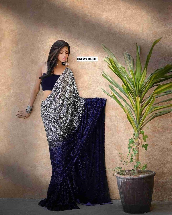 Navy Blue 3 Mm And 5mm Khichdi Sequence Work Done On Saree