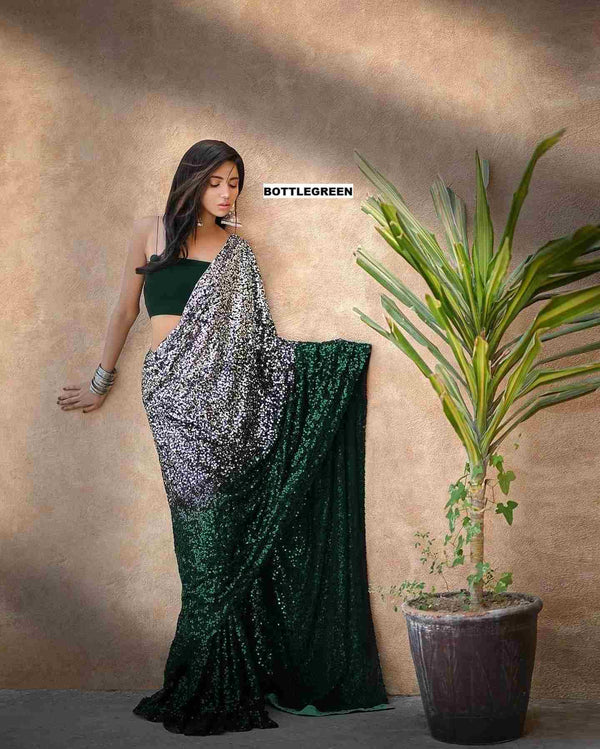 Bottle Green 3 Mm And 5mm Khichdi Sequence Work Done On Saree