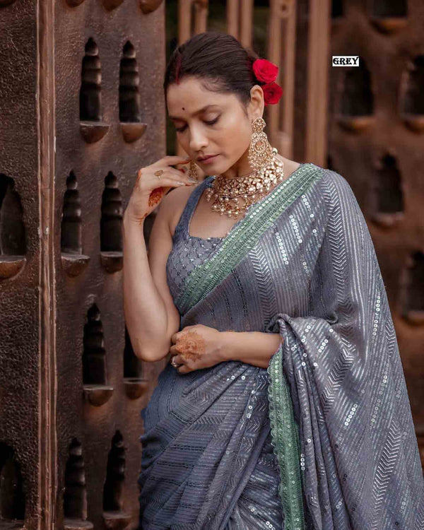 GREY HEAVY EMBROIDERY COADING SEQUENCE LACE BORDER ON SAREE