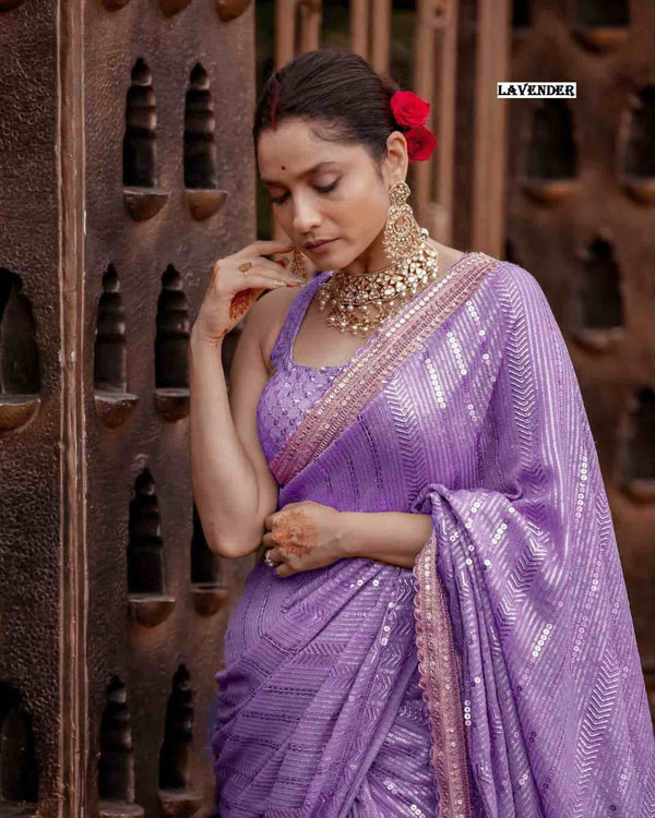 LAVENDER HEAVY EMBROIDERY COADING SEQUENCE LACE BORDER ON SAREE