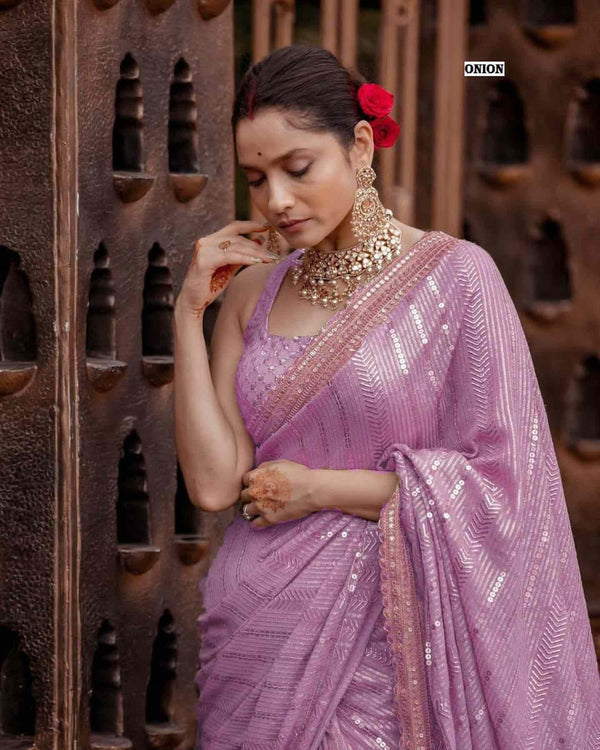 MAUVE HEAVY EMBROIDERY COADING SEQUENCE LACE BORDER ON SAREE
