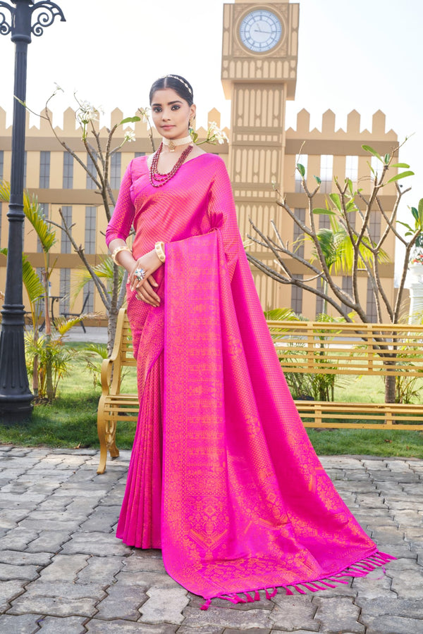 Hot Pink Kubera Pattu Silk Fabric Weaving Sarees Silk Designer Saree