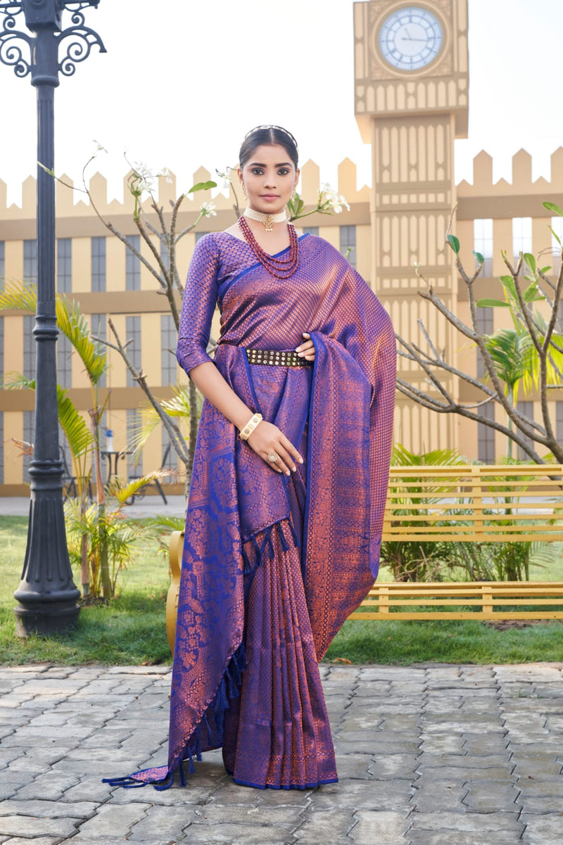 Dark Purple Kubera Pattu Silk Fabric Weaving Sarees Silk Designer Saree