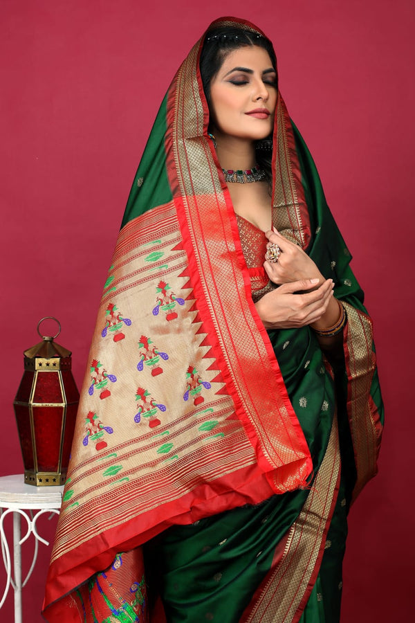 Bottle Green Paithani Silk Handloom Saree with Zari Work