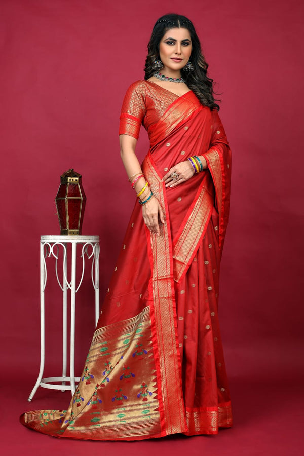 Red Paithani Silk Handloom Saree with Zari Work