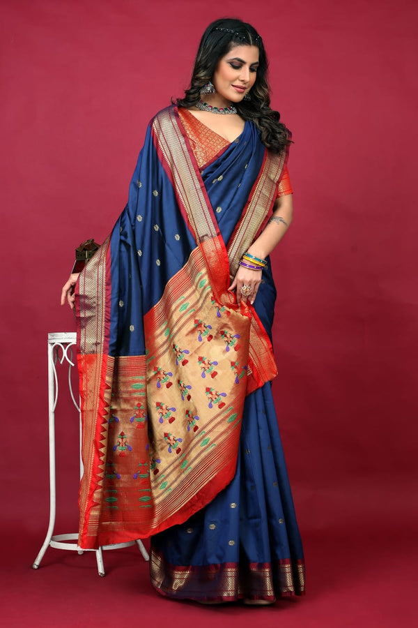 Royal Blue Paithani Silk Handloom Saree with Zari Work