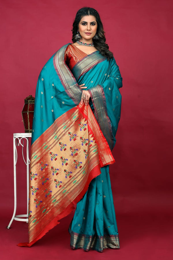 Turquoise Green Paithani Silk Handloom Saree with Zari Work
