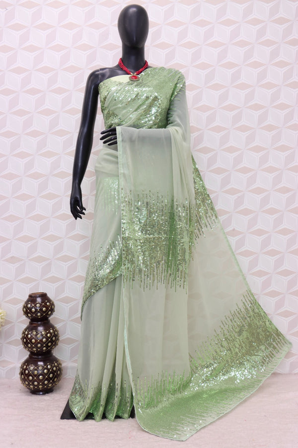 Green Heavy Embroidery 5mm Sequins Work Saree