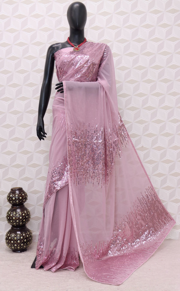 Pink Heavy Embroidery 5mm Sequins Work Saree