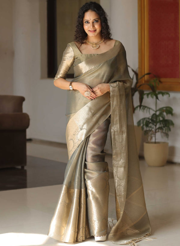 Grey Rich Jaquerd Pallu Banarasi Tissue Saree