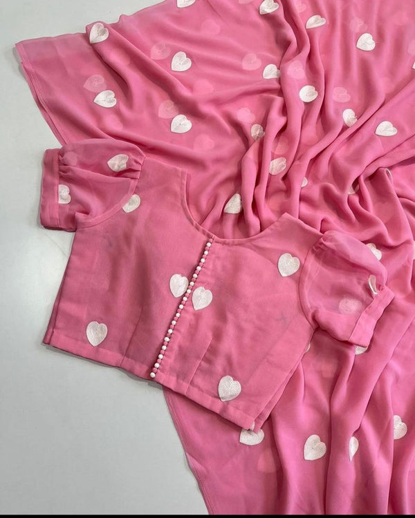 Pink Soft Georgette Silk Fabric Along With Designer Thread Work
