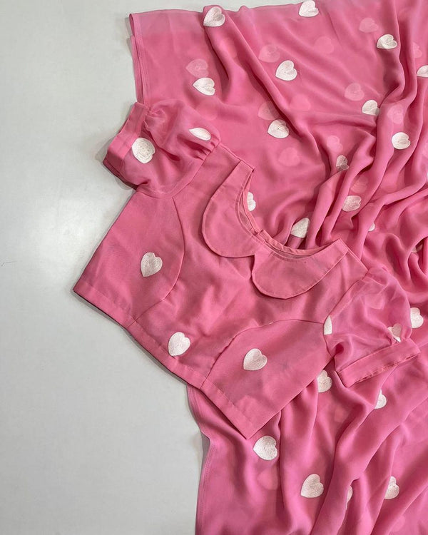 Pink Soft Georgette Silk Fabric Along With Designer Thread Work