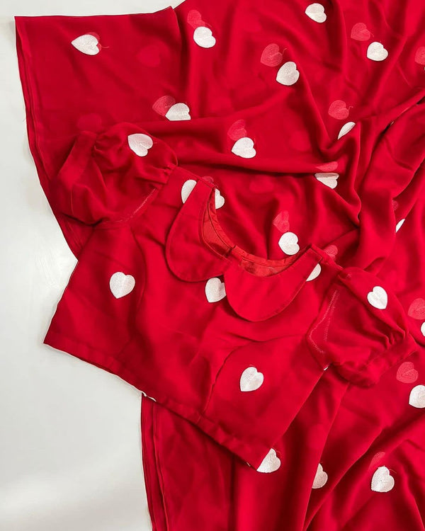 Red Soft Georgette Silk Fabric Along With Designer Thread Work