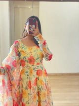 Faux Georgette With Rich Flower Digital Print work Gown-Dupatta