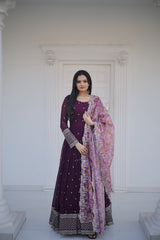 Wine Zari-Thread & Sequins Embroidery Gown