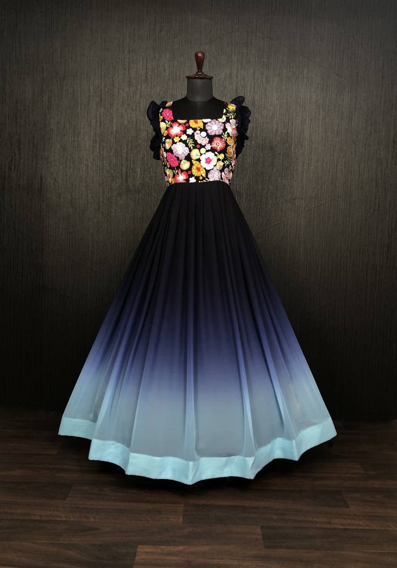 Blue Rich Pedding Digital Print Gown
