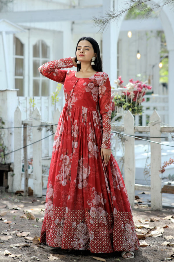 Red Floral printed Designer Gown