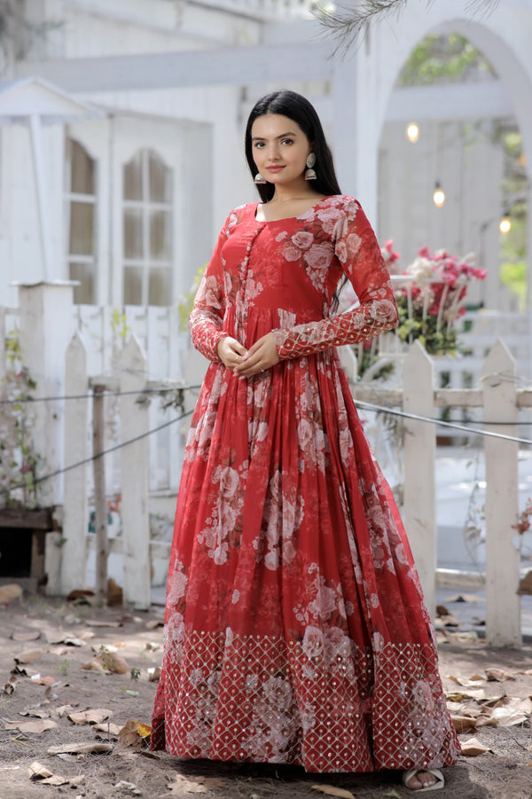 Red Floral printed Designer Gown