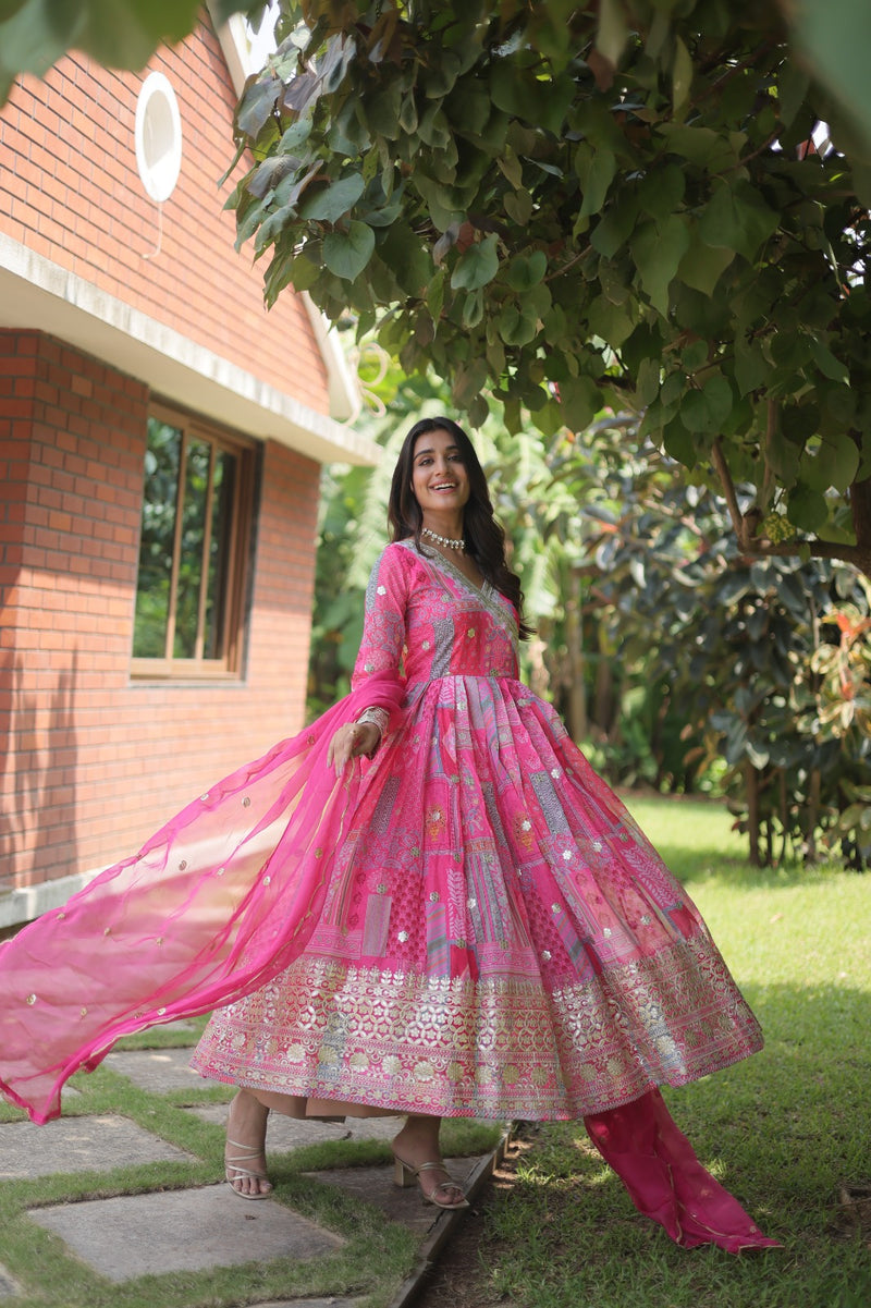 Pink Designer Readymade Gown-Dupatta